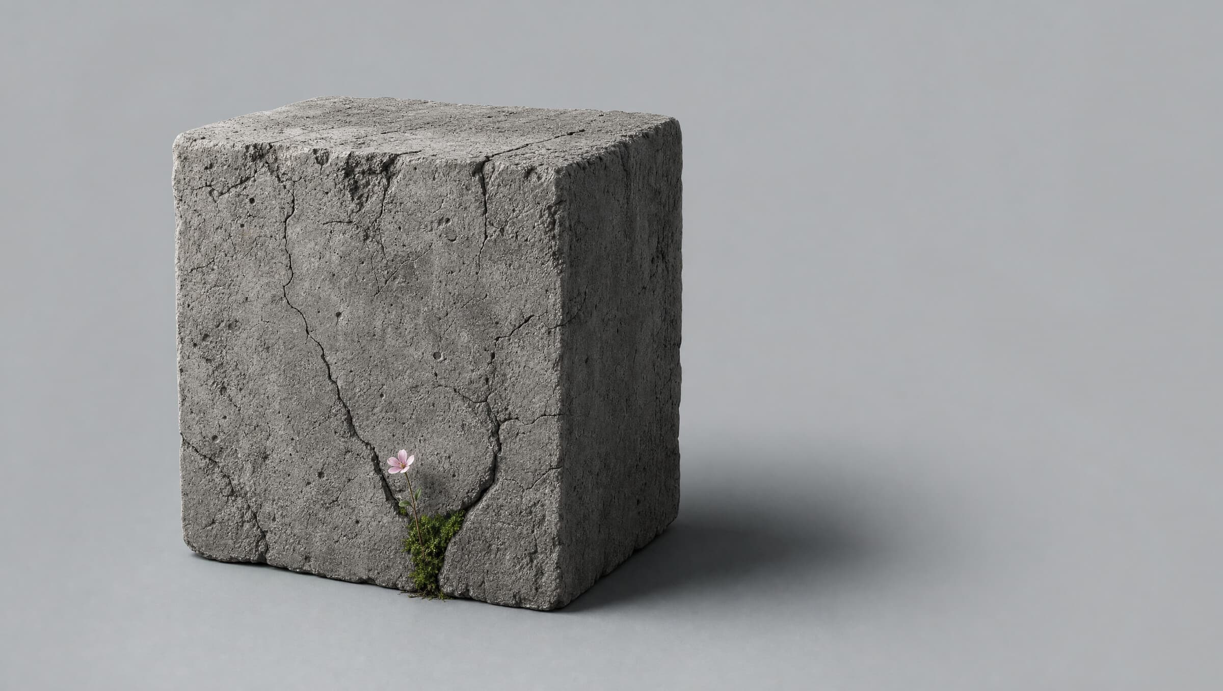 Bloco de betão quase nu, com uma única flor a crescer numa fenda