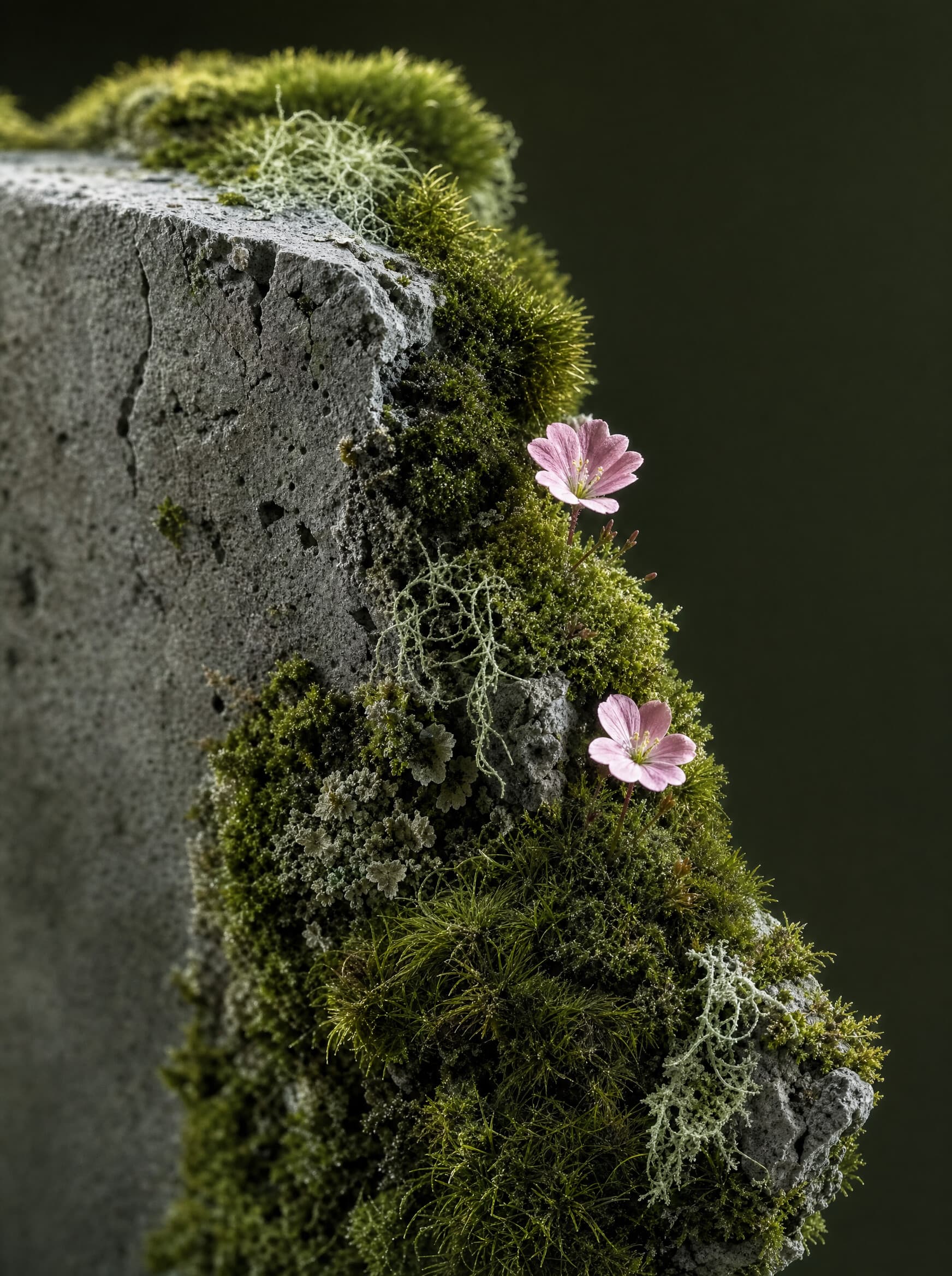 Macrofotografia de musgo sobre betão, com pequena flor rosa numa fenda