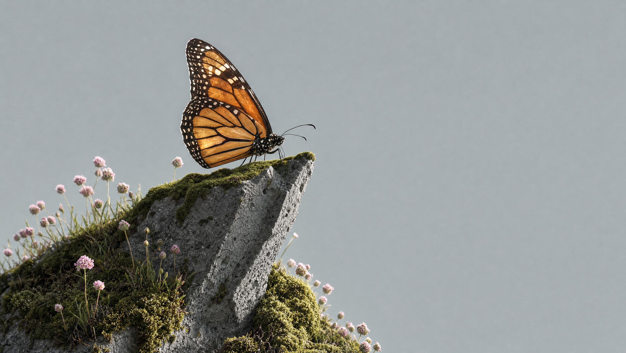 Borboleta em três-quartos sobre fundo cinza sólido, com amplo espaço negativo à direita